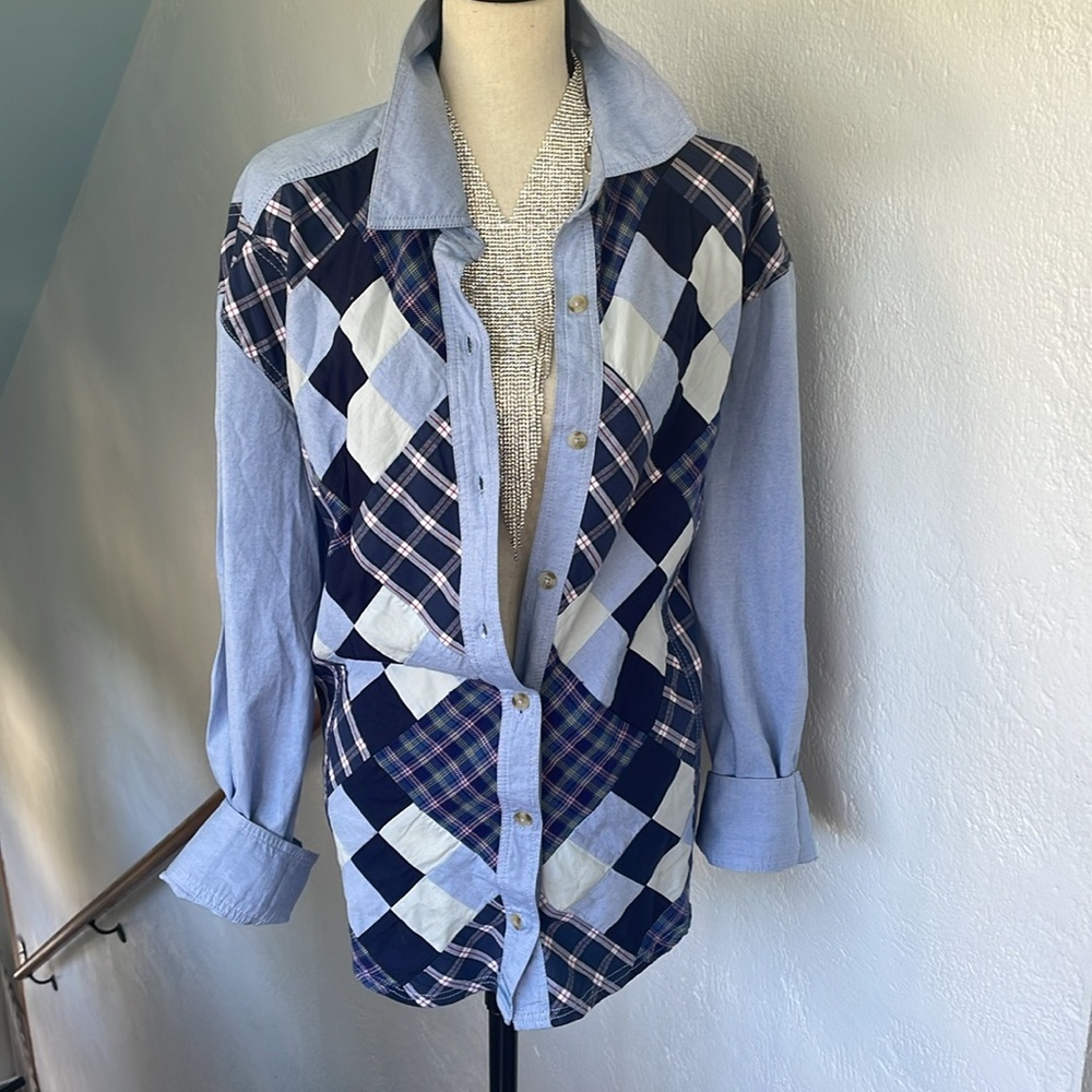 Free People Argyle Plaid Patchwork Cotton DenimChambray Buttondown NWOT Medium